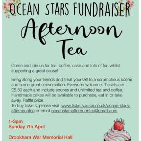 Afternoon tea will be held on the 7th of April at 1-3pm at Crookham Memorial Hall